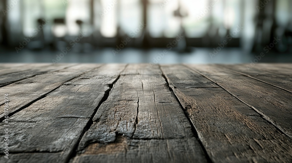 A close-up of an old wooden surface with visible cracks and texture, against a blurred gym interior, offering a perfect spot for product display or digital overlays A close-up of an old wooden surface with visible cracks and texture, against a blurred gym interior, offering a perfect spot for product display or digital overlays