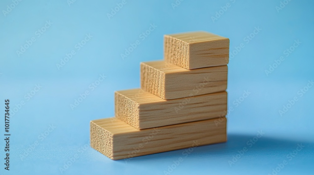 A concept of business success shown with wooden blocks arranged as steps on a blue paper background. The clean design offers space for branding or messaging. A concept of business success shown with wooden blocks arranged as steps on a blue paper background. The clean design offers space for branding or messaging.