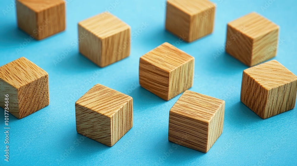 A concept of business success shown with wooden blocks arranged as steps on a blue paper background. The clean design offers space for branding or messaging. A concept of business success shown with wooden blocks arranged as steps on a blue paper background. The clean design offers space for branding or messaging.