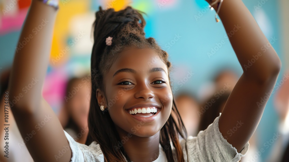 A young girl with dreadlocks raises her hand in class. A young girl with dreadlocks raises her hand in class.