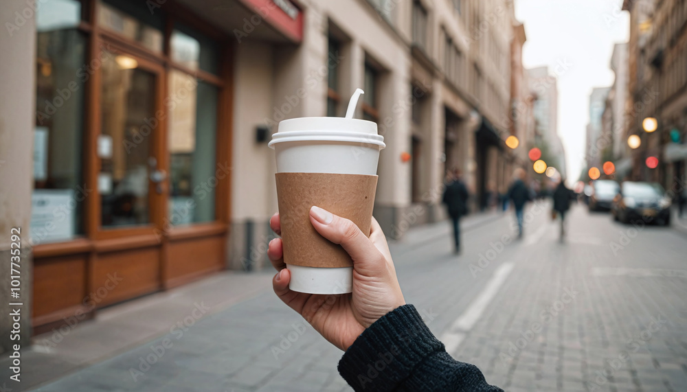 A person is holding a coffee cup in front of a city street with people walking by. A person is holding a coffee cup in front of a city street with people walking by.