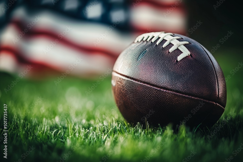 Obraz premium A classic football rests on the green grass. The American flag waves softly in the background. This image captures the spirit of the game. Generative AI.