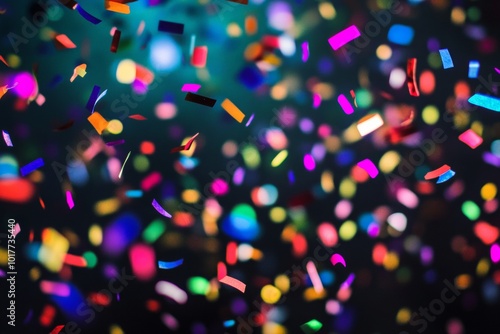 Colorful confetti falling through the air during a celebration in a vibrant atmosphere at night photo