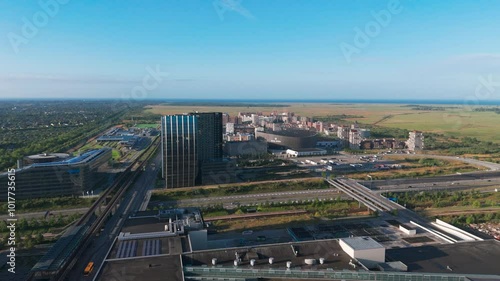 Aerial landscape above district of Copenhagen with multistory building photo