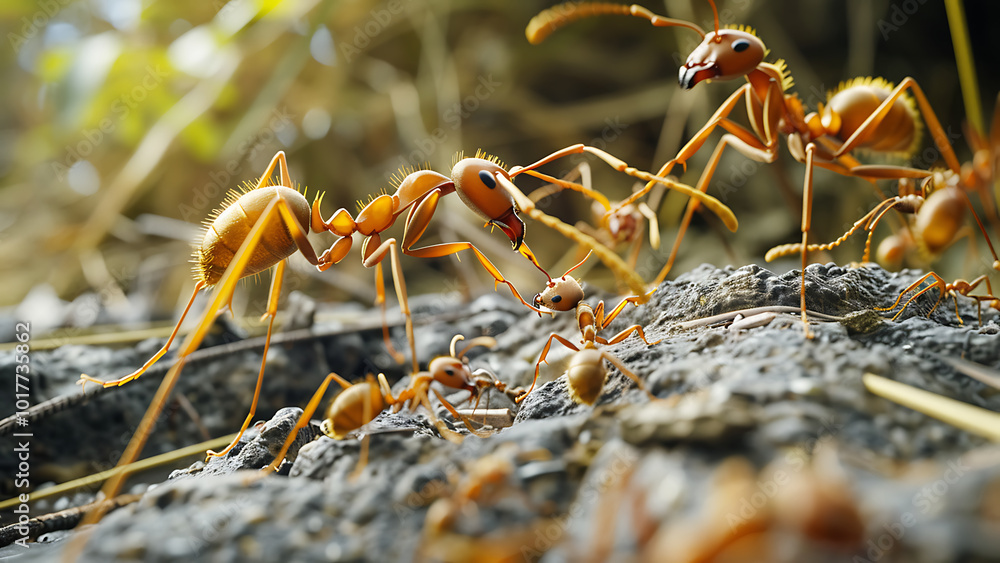 Macro Shot of Ants Walking on a Wooden Surface Outdoors Macro Shot of Ants Walking on a Wooden Surface Outdoors