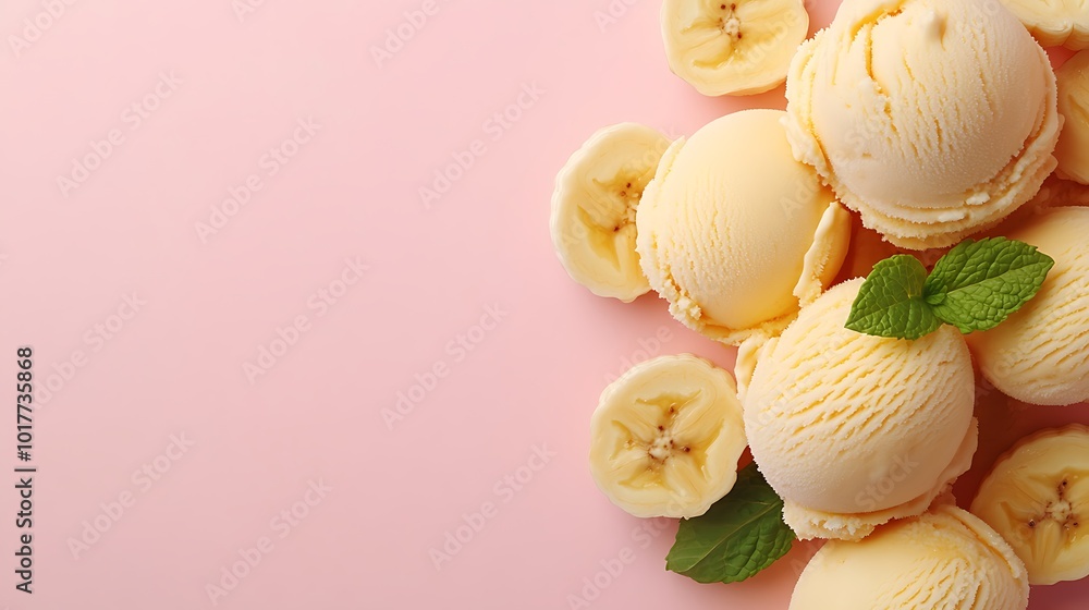 Banana ice cream scoops with fresh mint leaves on pink background. Banana ice cream scoops with fresh mint leaves on pink background.