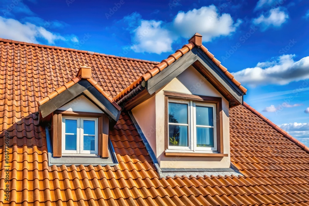 Stunning tile roof adorns a charming house with an attic window, set against a clear blue sky—ideal for showcasing home architecture and real estate photography. Stunning tile roof adorns a charming house with an attic window, set against a clear blue sky—ideal for showcasing home architecture and real estate photography.