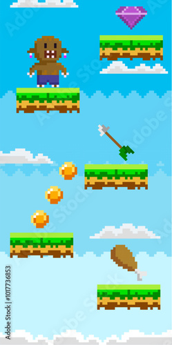 Pixel art with a character jumping on grass platforms, collecting coins, a gem, a piece of meat, and dodging an arrow. Ideal for retro-themed games, pixel art design, adventure, collectible items