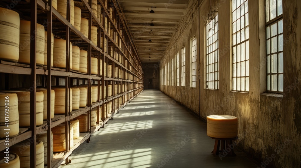 custom made wallpaper toronto digitalA long hallway lined with massive shelves filled with Parmigiano cheese wheels aging to perfection in a Parma-based factory. The natural sunlight streams through narrow windows.