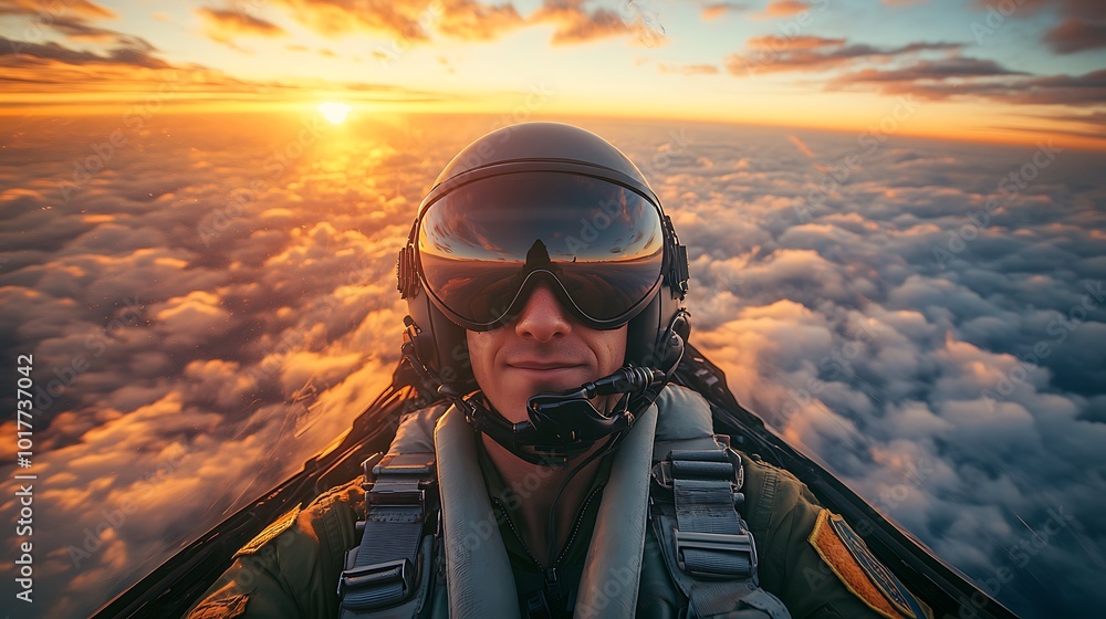 Pilot in cockpit taking selfie during sunset flight above clouds. Pilot in cockpit taking selfie during sunset flight above clouds.