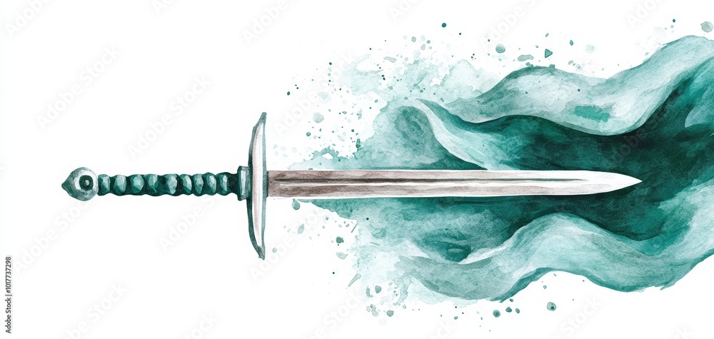 A detailed illustration of a sword enveloped in flowing teal smoke, set against a white background. A detailed illustration of a sword enveloped in flowing teal smoke, set against a white background.