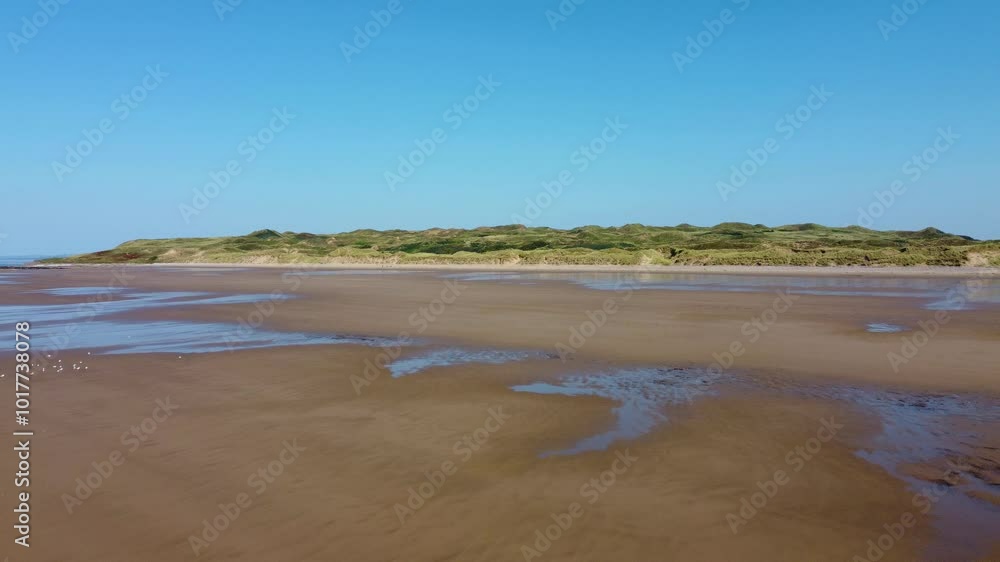 View of Grass Covered Sand Dunes on Rhossili Bay Beach with Flocks of Seagulls in Travel Summer Tourist Season 4K View of Grass Covered Sand Dunes on Rhossili Bay Beach with Flocks of Seagulls in Travel Summer Tourist Season 4K