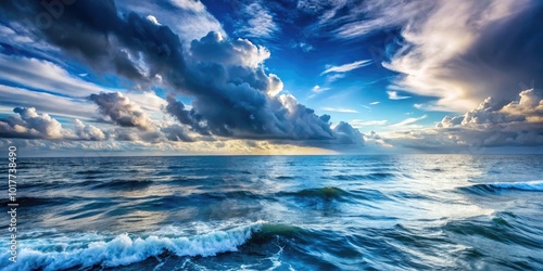 Vast open ocean stretches beneath a spectacular, cloudy sky, embodying nature's serene beauty and captivating allure, inviting contemplation and a deep connection with serenity.