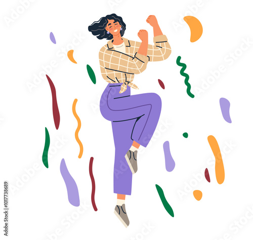 Celebration concept. Woman dancing energetically with colorful confetti around her, wearing a checkered shirt and purple pants. Ideal for parties, festivals, joyful events, lifestyle promotions