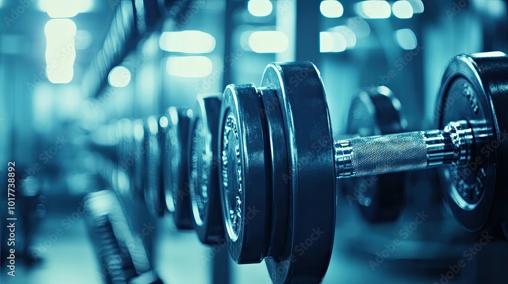 A row of steel dumbbells neatly arranged on a rack in a modern gym, reflecting soft light from overhead, creating a clean and organized fitness environment A row of steel dumbbells neatly arranged on a rack in a modern gym, reflecting soft light from overhead, creating a clean and organized fitness environment