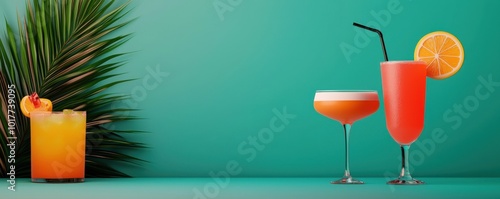 Tropical Cocktails with Palm Leaf on Turquoise Background