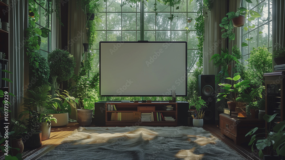 Cozy Home Theater Surrounded by Lush Indoor Plants.. Cozy Home Theater Surrounded by Lush Indoor Plants..