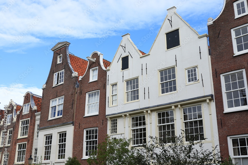 Fototapeta premium Amsterdam Begijnhof Courtyard Traditional Brown and White House Facades, Netherlands