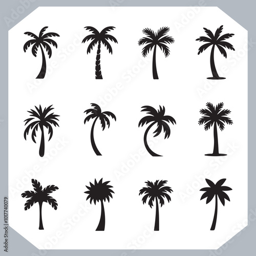 Set of logotype black simple palm tree vector silhouettes, Palm Trees Silhouette, Coconut Tree Silhouette on white background