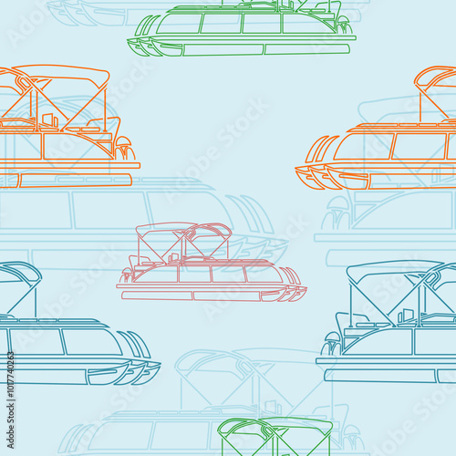 Editable Semi-Oblique Side View Pontoon Boat Vector Illustration in Outline Style With Various Colors as Seamless Pattern for Creating Background of Transportation or Recreation Related Design