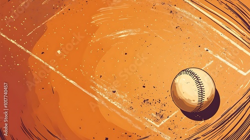 A baseball rests on a dirt infield with a faded chalk line visible, a comic book style illustration.