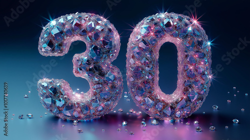 Sparkling 30 made of crystals set against a soft, glowing backdrop showcasing vibrant colors and reflective elements