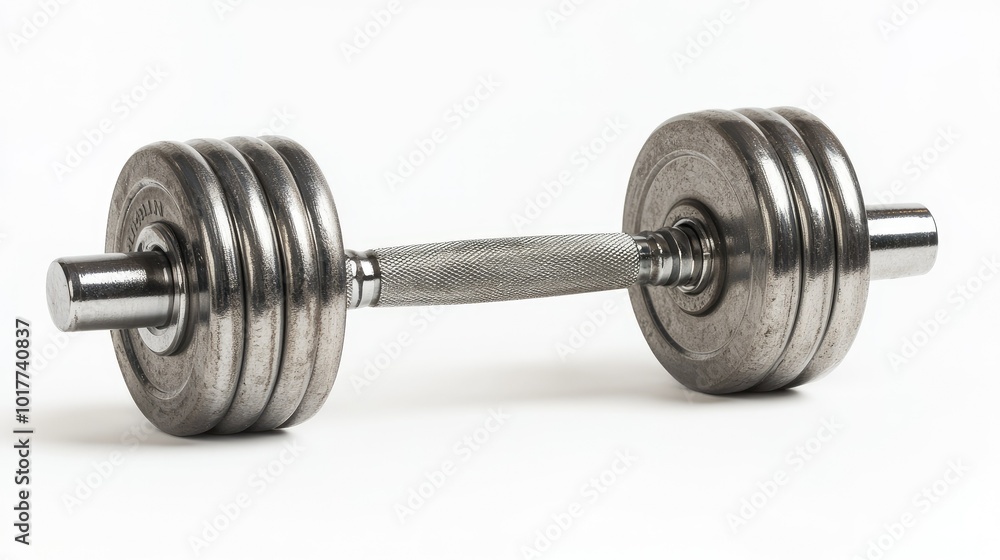 Naklejka premium A steel dumbbell standing upright on its end, isolated on a white background, emphasizing the symmetry and smooth contours of the weighted plates