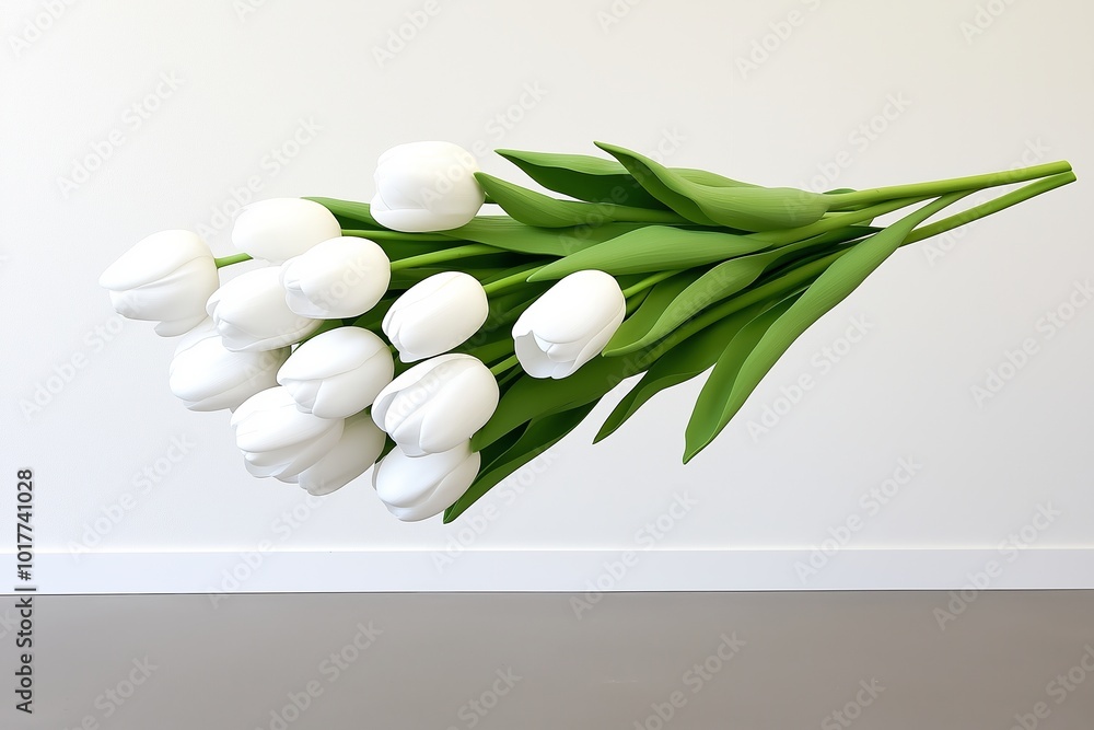 Bouquet of white tulips with green leaves. flowers are arranged in a line. white tulips in an empty room. tulips form intricate patterns and delicate beauty against white background Bouquet of white tulips with green leaves. flowers are arranged in a line. white tulips in an empty room. tulips form intricate patterns and delicate beauty against white background