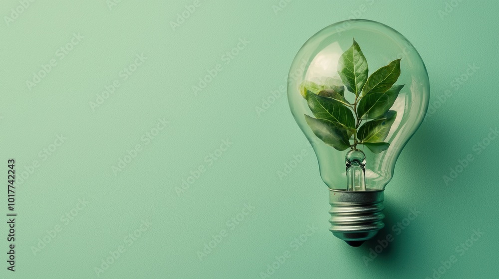 Sustainable Green Energy Idea in Light Bulb with Leaves Sustainable Green Energy Idea in Light Bulb with Leaves