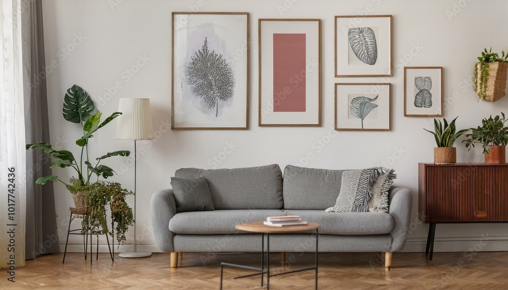 Stylish and retro living room with design grey sofa, retro table, commode lamp and furniture. Mock up posters frames on the white walls. Minimalistic room with brown wooden parquet and plants. Stylish and retro living room with design grey sofa, retro table, commode lamp and furniture. Mock up posters frames on the white walls. Minimalistic room with brown wooden parquet and plants.