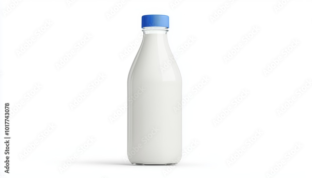 Milk bottle with blue cap on a white isolated background, conveying freshness and purity in dairy products. Milk bottle with blue cap on a white isolated background, conveying freshness and purity in dairy products.
