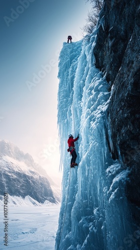 An alpinis climbing a large ice wall. photo