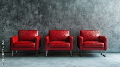 Red chairs in the room, simple background, three empty red leather sofas, modern style, minimalist interior design concept, 