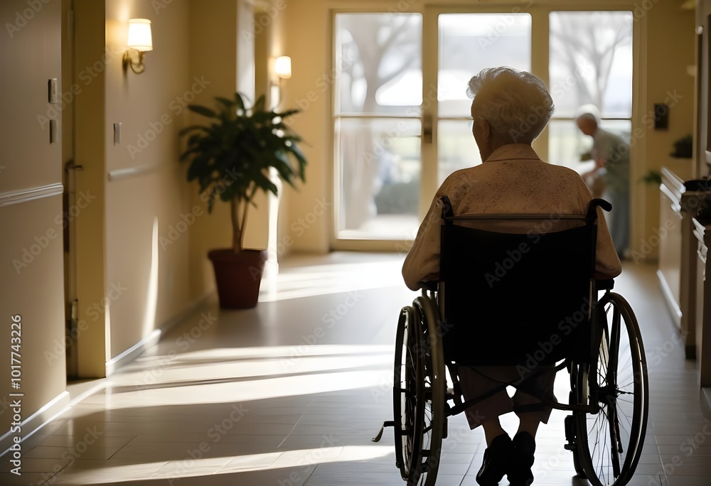 An elderly woman in a wheelchair in a hallway of a nursing home, with a potted plant visible in the background. An elderly woman in a wheelchair in a hallway of a nursing home, with a potted plant visible in the background.
