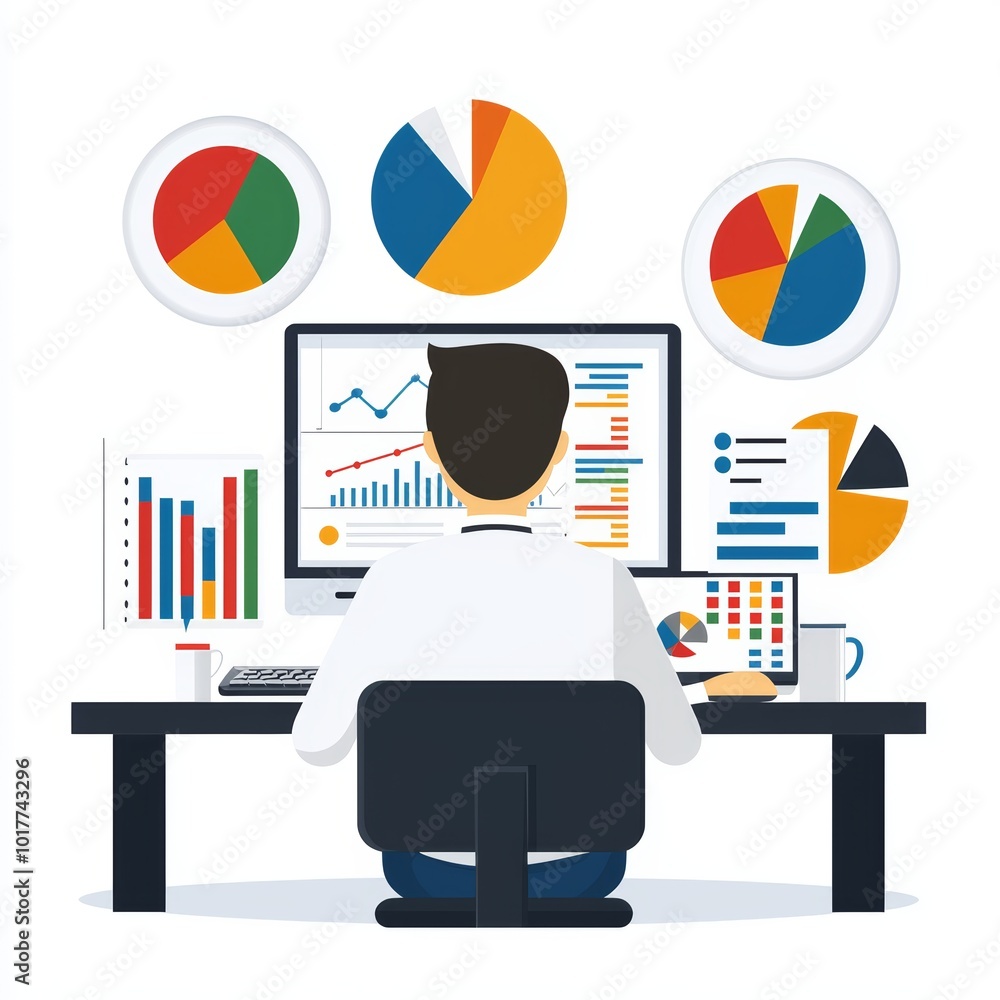 Professional analyzing data and charts on a computer screen in a modern ...