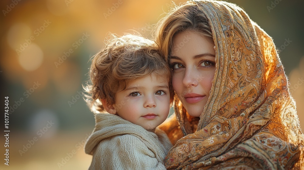 A tender moment between a woman and child, both wrapped in warm, intricate fabrics. A tender moment between a woman and child, both wrapped in warm, intricate fabrics.