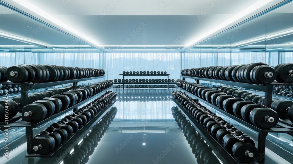 Obraz premium A wide shot of multiple rows of dumbbells in a modern fitness center, arranged neatly on racks with reflections from the polished floor below