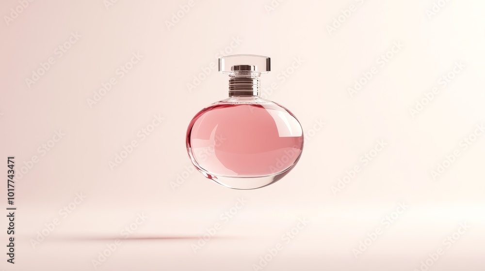 A bottle of perfume, floating in the air, against a plain white background. A bottle of perfume, floating in the air, against a plain white background.