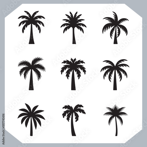 Set of logotype black simple palm tree vector silhouettes, Palm Trees Silhouette, Coconut Tree Silhouette on white background