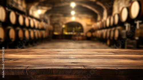 Wallpaper Mural A wooden table top with a blurred background of a wine cellar, where soft lighting highlights rows of barrels. Ideal for product display in an elegant wine setting. Torontodigital.ca