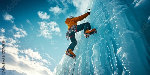 Bottom view of a alpinis man climbing a large ice wall.