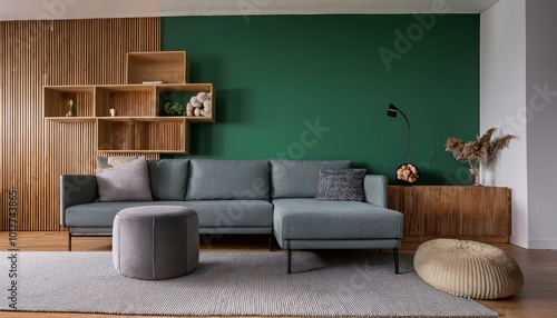 Interior design of living room with gray sofa, design pouf, wooden cube, shlef and elegant personal accessories. Green wood panelling with shelf. Modern home decor. Mock up poster frame. Template photo