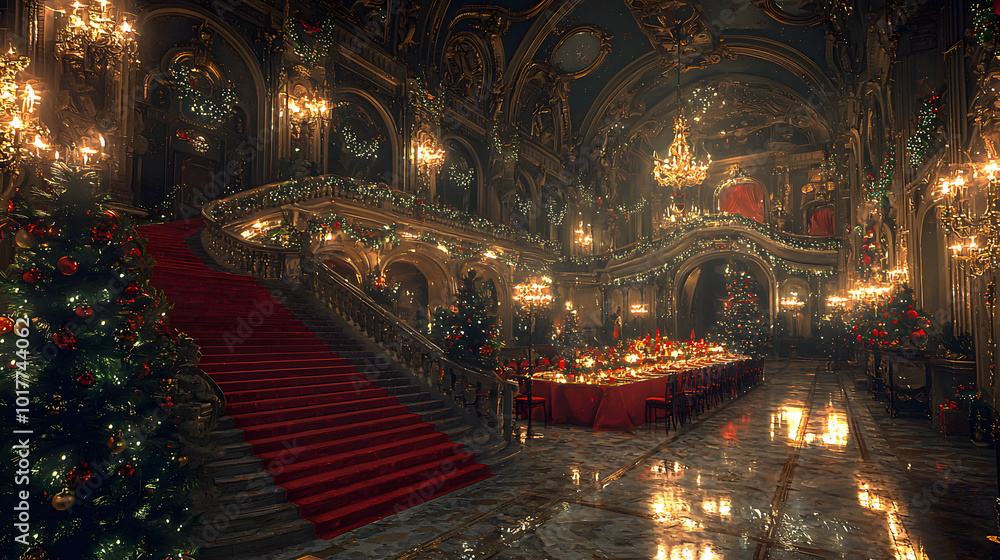 Obraz premium Opulent banquet hall adorned with Christmas decor, featuring grand chandelier, festive trees, and elegant staircase for holiday gatherings.