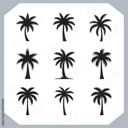Set of logotype black simple palm tree vector silhouettes, Palm Trees Silhouette, Coconut Tree Silhouette on white background