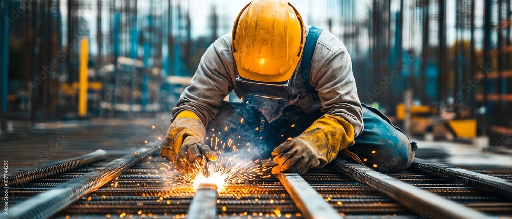 Welder working on metal with sparks flying Welder working on metal with sparks flying