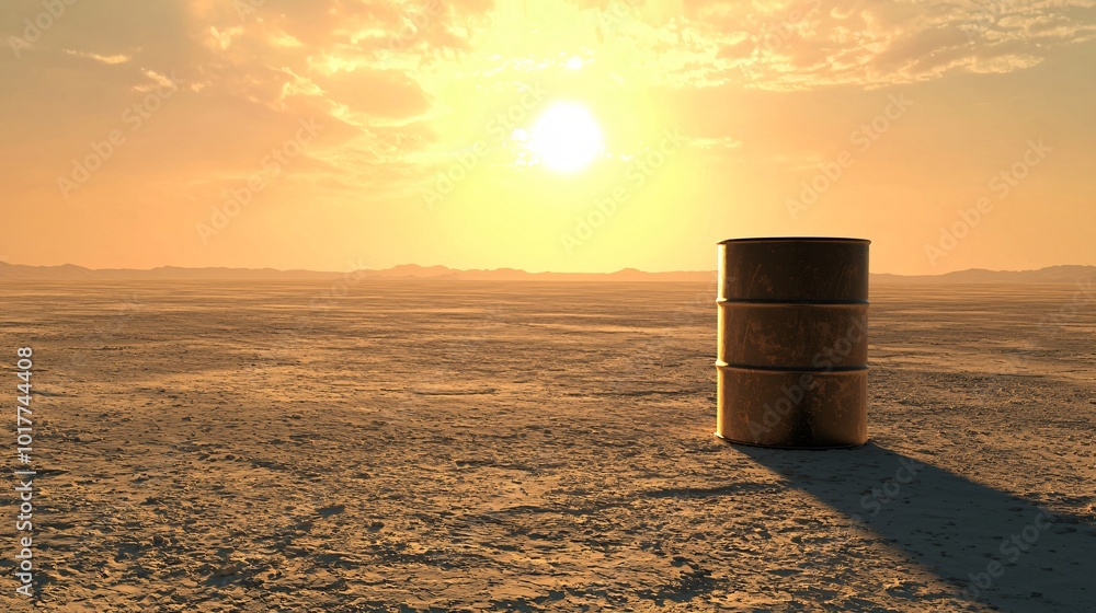Isolated Oil Barrel on Expansive Landscape Under Clear Sky Isolated Oil Barrel on Expansive Landscape Under Clear Sky