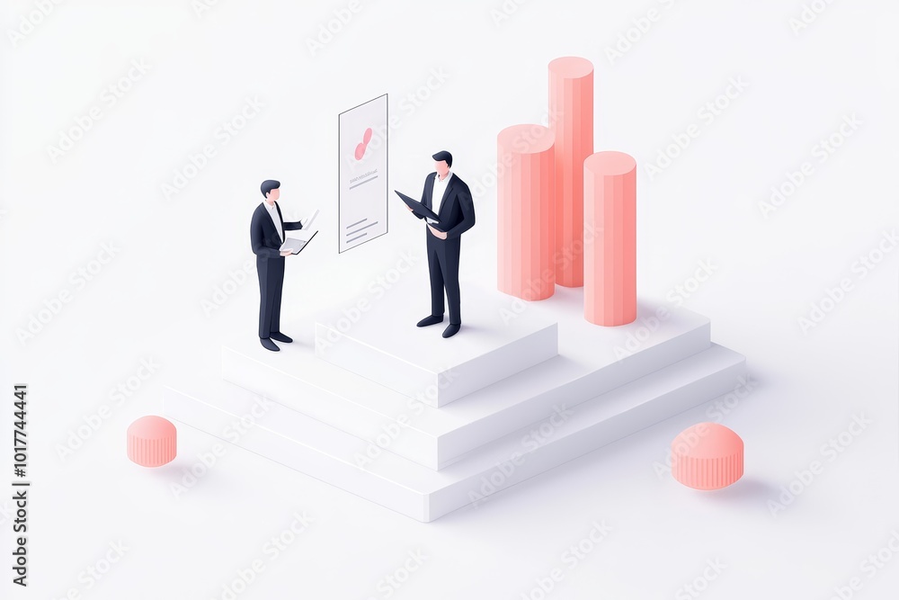 Two professionals analyzing financial data on a modern podium with growth bars, white isolated background. Two professionals analyzing financial data on a modern podium with growth bars, white isolated background.