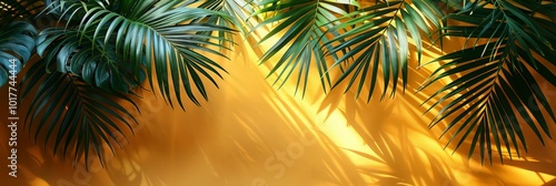 Bright yellow painted wall framed with green tropical palm leaves, sunlight with shadows patterns, summer background.