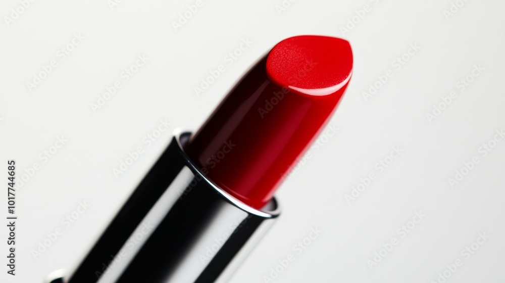 A bright red lipstick, shiny and smooth, stands out against a plain white backdrop. A bright red lipstick, shiny and smooth, stands out against a plain white backdrop.