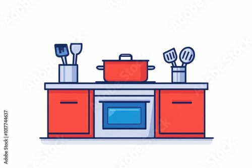 Minimalistic icon depicting a stove  pot  and various kitchen utensils arranged in a clean  flat style and isolated on a white background  This simple photo